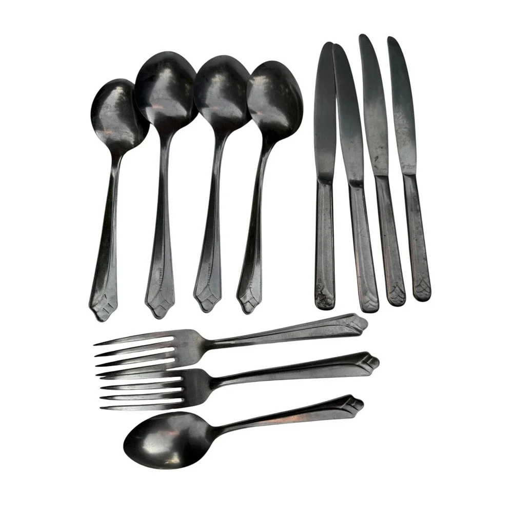 Vintage Stainless USA Flatware Set 11pc Art Deco Shell Fan‎ Pattern Silverware